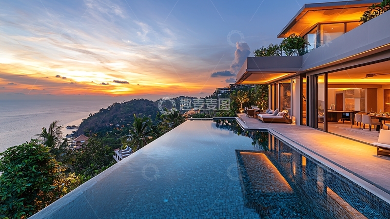 高清大图下载【趣麦麦图】海景别墅落日晚霞