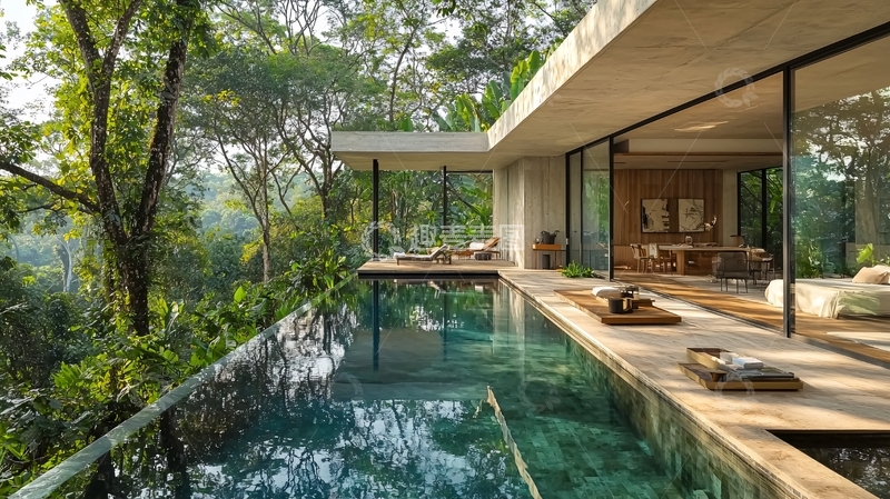 高清大图下载【趣麦麦图】树林环绕的无边泳池别墅
