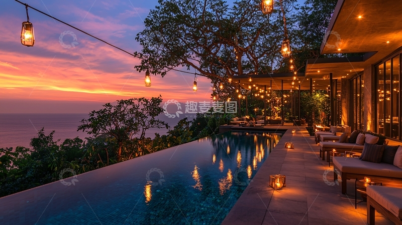 高清大图下载【趣麦麦图】海边别墅落日晚霞