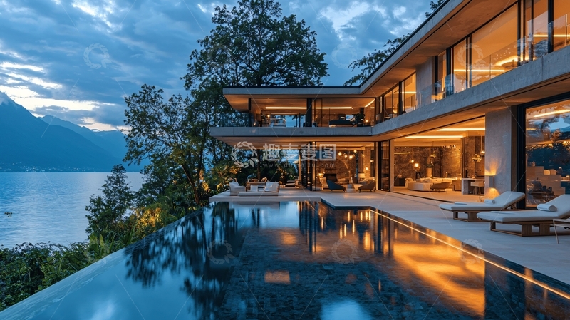 高清大图下载【趣麦麦图】湖边豪宅夜景
