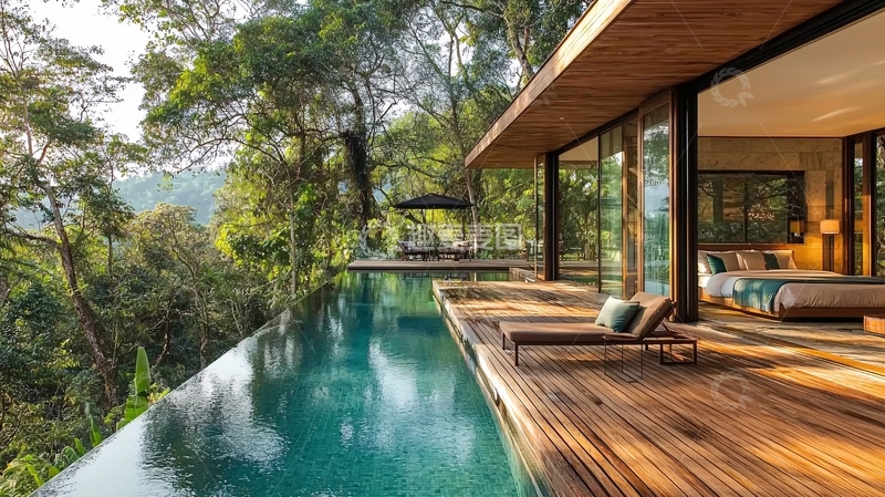 高清大图下载【趣麦麦图】树林环绕的无边泳池别墅