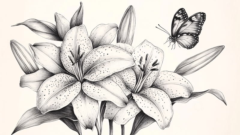 高清大图下载【趣麦麦图】铅笔画百合花和蝴蝶