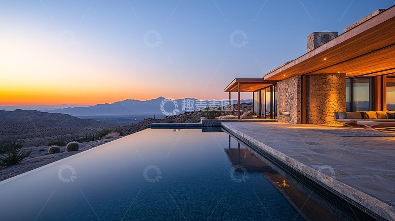 高清大图下载【趣麦麦图】山景别墅泳池落日