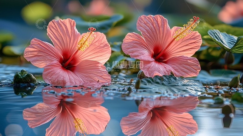 高清大图下载【趣麦麦图】粉红色木槿花水面倒影