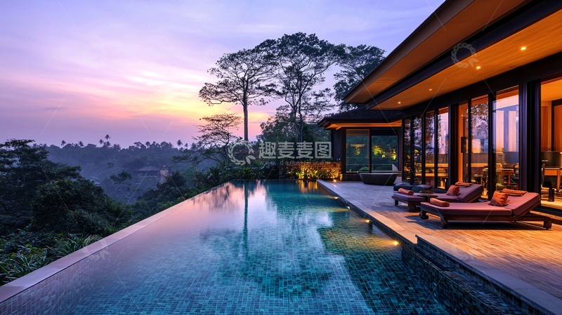 高清大图下载【趣麦麦图】山顶别墅泳池落日景色