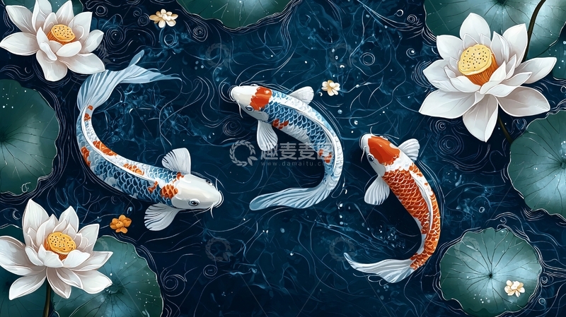 高清大图下载【趣麦麦图】水墨画风格锦鲤荷花