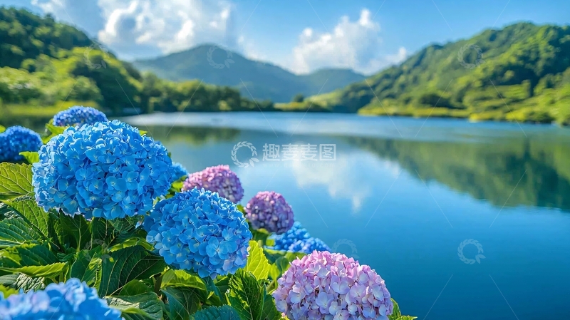 高清大图下载【趣麦麦图】蓝紫绣球花湖边盛景