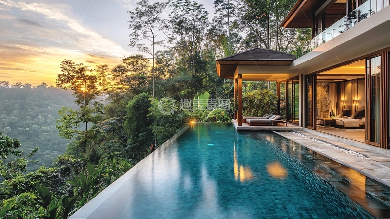 高清大图下载【趣麦麦图】山崖泳池别墅落日景色