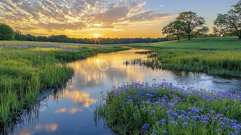 高清大图下载【趣麦麦图】日落河流田园风光