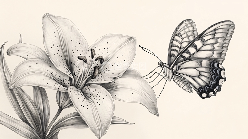 高清大图下载【趣麦麦图】铅笔画百合花和蝴蝶