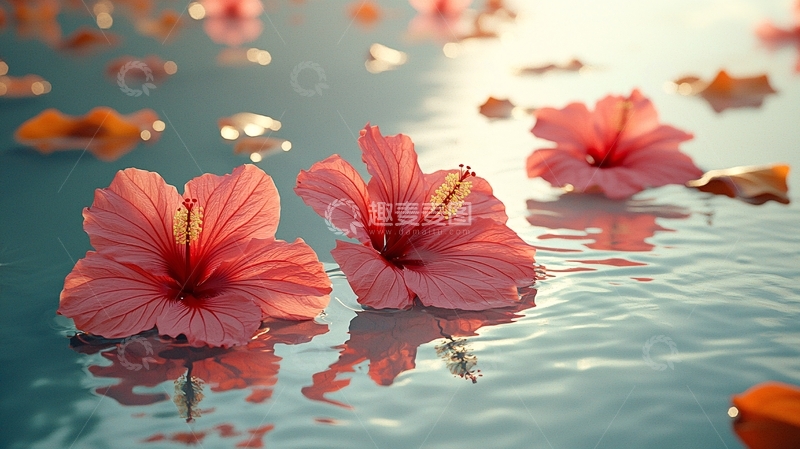 高清大图下载【趣麦麦图】粉色木槿花漂浮水面