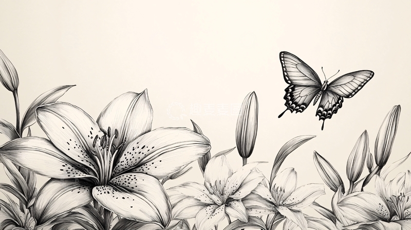 高清大图下载【趣麦麦图】黑白百合花蝴蝶手绘