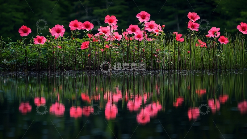 高清大图下载【趣麦麦图】粉色花朵水面倒影