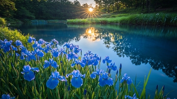 清晨湖边鸢尾花