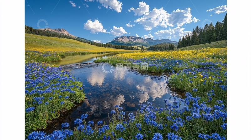 高清大图下载【趣麦麦图】山间溪流野花盛开