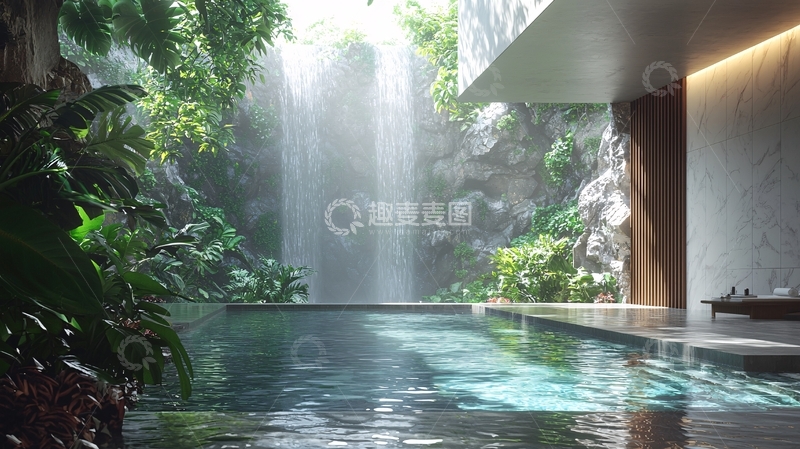 高清大图下载【趣麦麦图】室内瀑布泳池