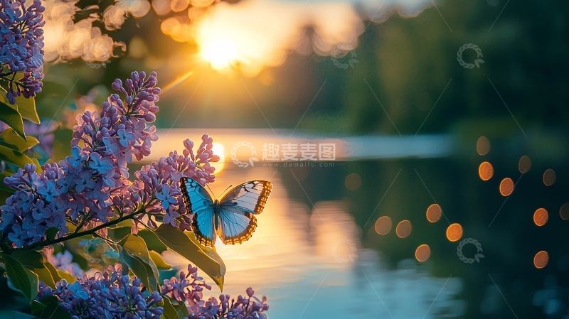 高清大图下载【趣麦麦图】夕阳下紫丁香花上的蝴蝶