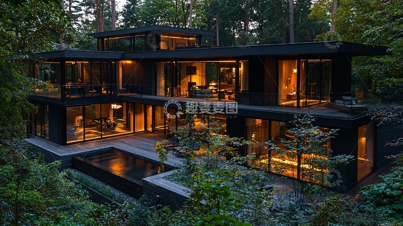 高清大图下载【趣麦麦图】森林中黑色现代别墅