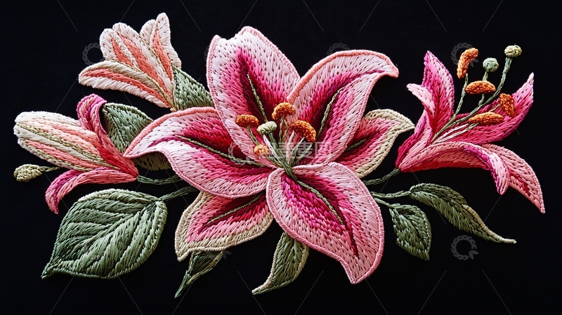 高清大图下载【趣麦麦图】精美绣花百合花图案