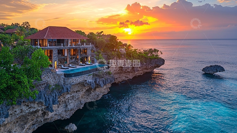 高清大图下载【趣麦麦图】海边别墅落日景色