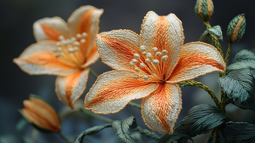 精美丝线绣制百合花