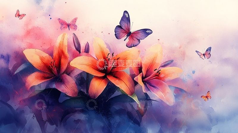 高清大图下载【趣麦麦图】水彩百合花与蝴蝶