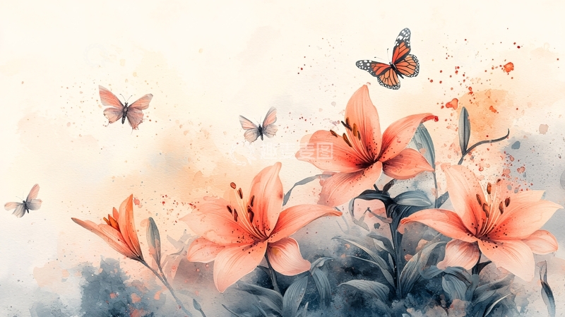 高清大图下载【趣麦麦图】水彩百合花蝴蝶背景图