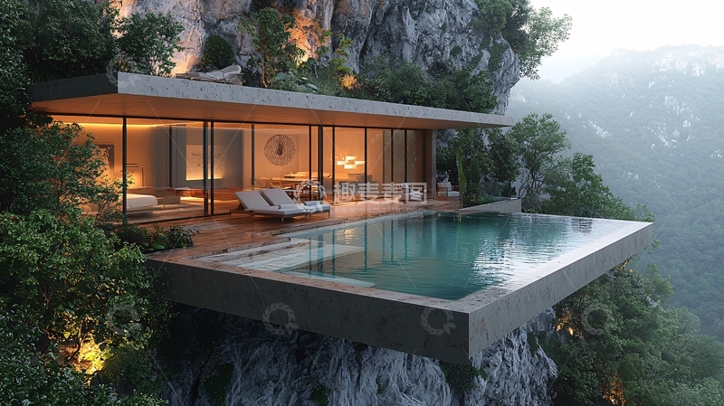 高清大图下载【趣麦麦图】悬崖边现代别墅