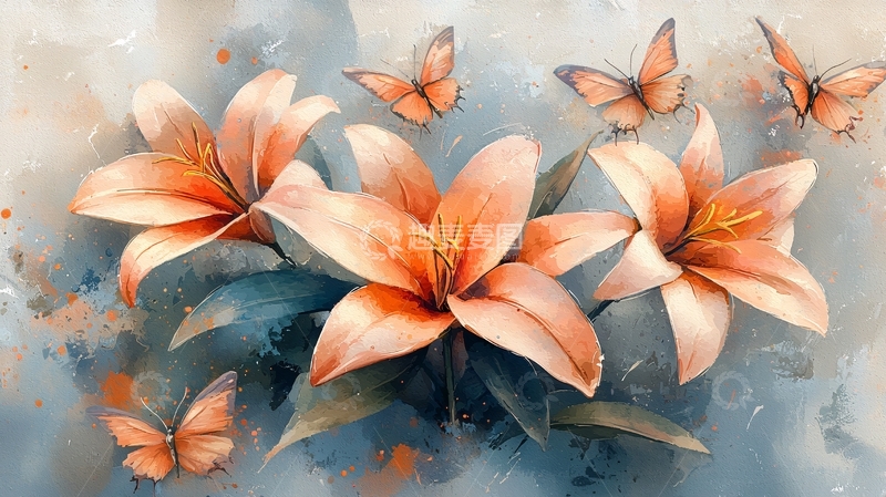 高清大图下载【趣麦麦图】水彩百合花与蝴蝶