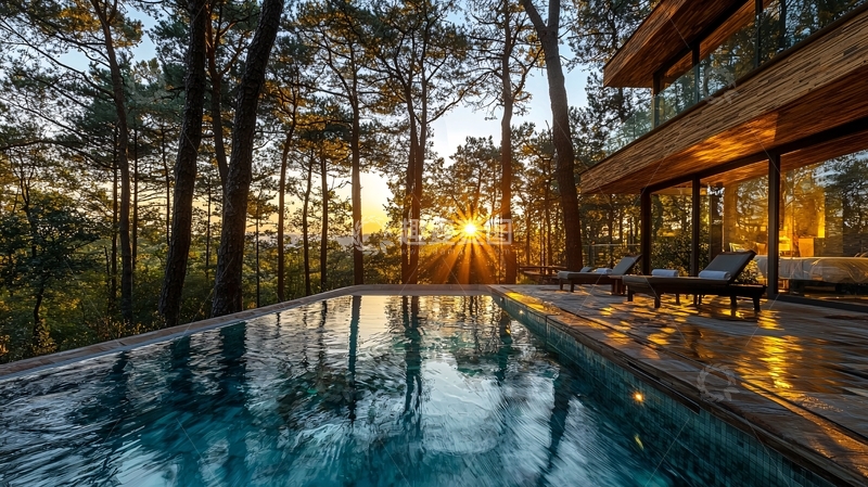 高清大图下载【趣麦麦图】森林别墅泳池日落