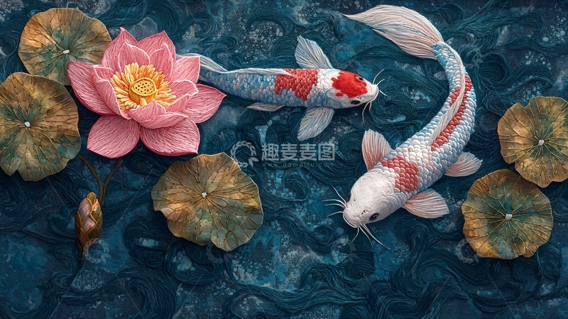 高清大图下载【趣麦麦图】锦鲤荷花水墨画