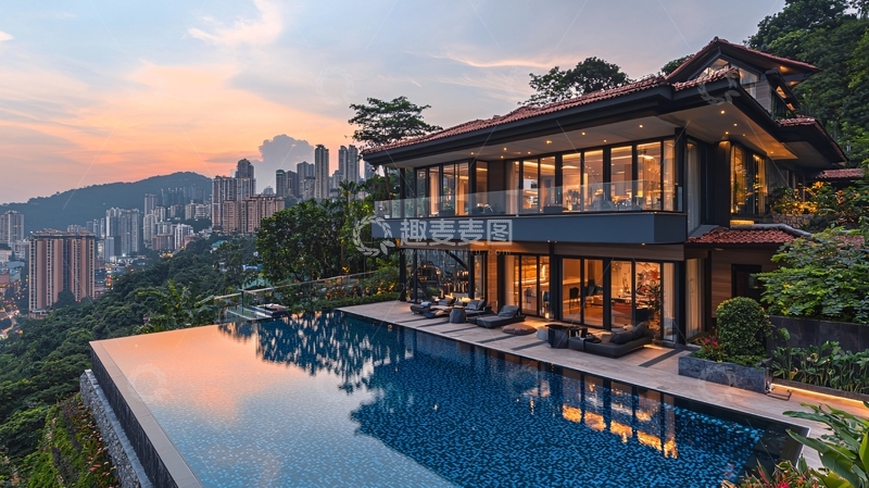 高清大图下载【趣麦麦图】山顶豪宅夜景泳池