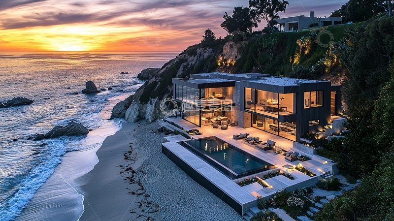 高清大图下载【趣麦麦图】海边豪宅落日景色