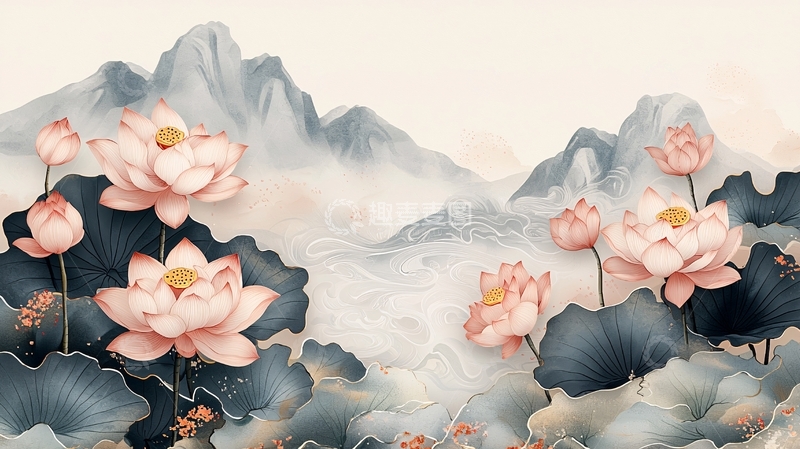 高清大图下载【趣麦麦图】水墨写意荷花山景图