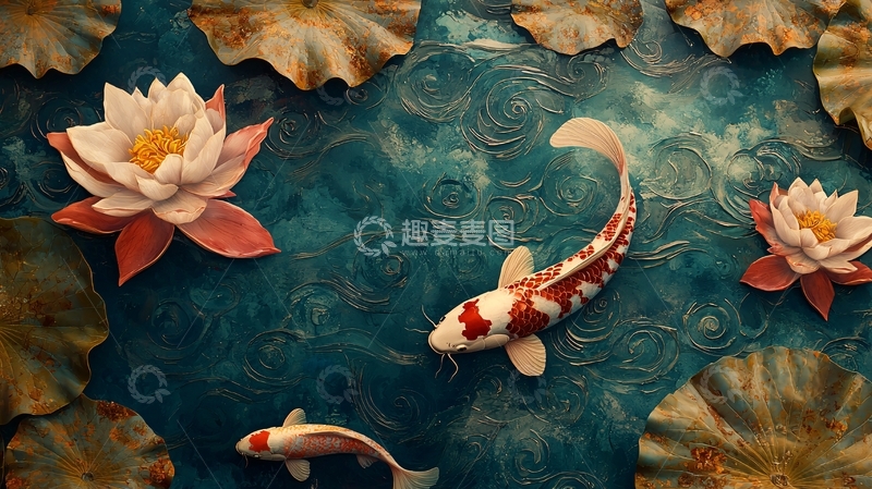 高清大图下载【趣麦麦图】锦鲤荷花池塘绘画