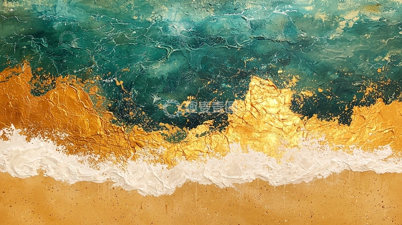 高清大图下载【趣麦麦图】金色沙滩海浪抽象画
