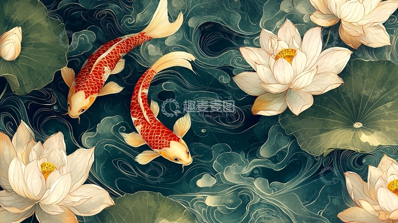 高清大图下载【趣麦麦图】红鲤鱼和莲花水墨画