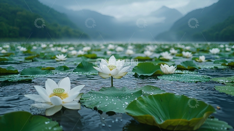 高清大图下载【趣麦麦图】山谷雨后白莲花盛开