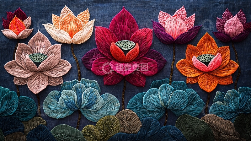 高清大图下载【趣麦麦图】精美刺绣莲花图