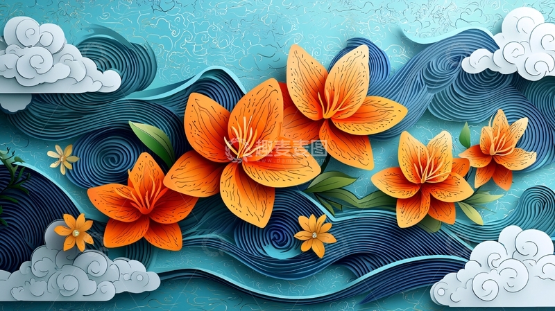 高清大图下载【趣麦麦图】橙色花朵纸艺波浪