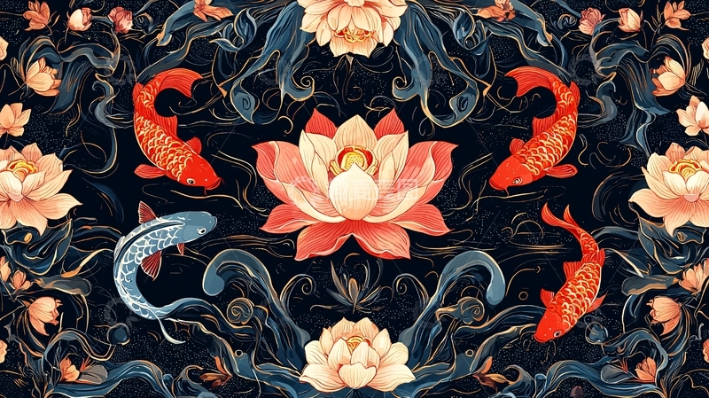 高清大图下载【趣麦麦图】水墨鲤鱼荷花图