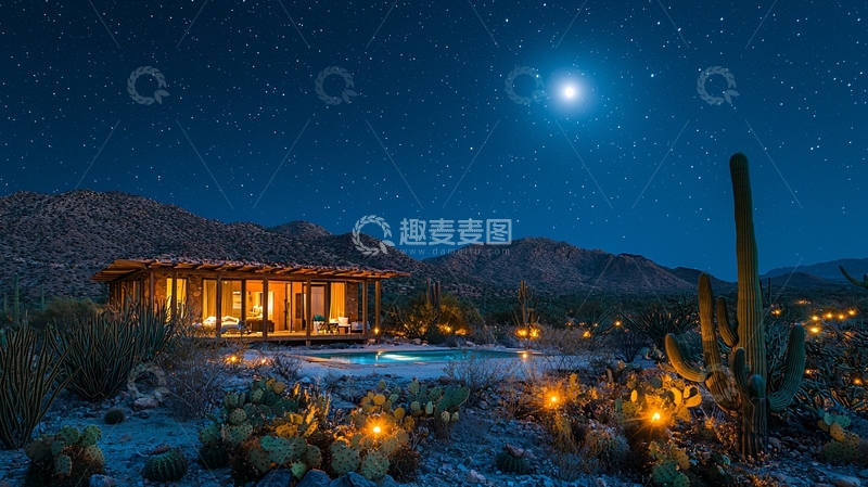 高清大图下载【趣麦麦图】星空下沙漠小屋