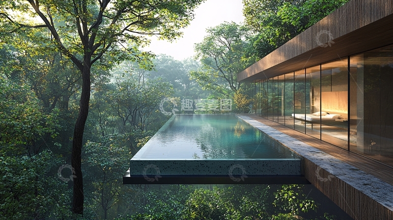 高清大图下载【趣麦麦图】森林环绕的无边泳池别墅