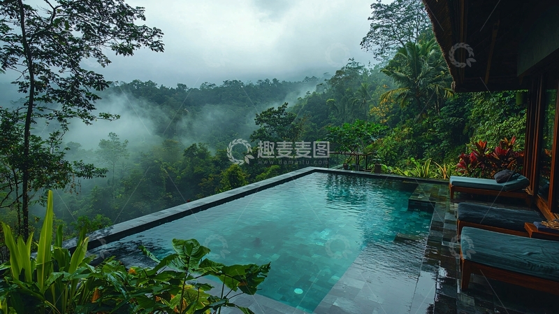 高清大图下载【趣麦麦图】雾气缭绕的山谷泳池