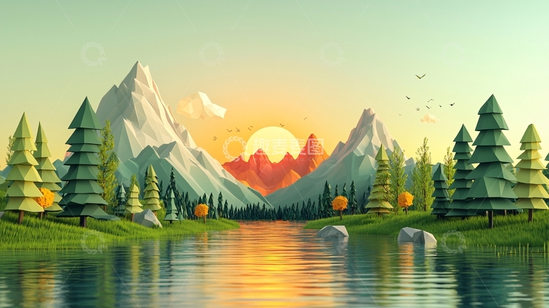 高清大图下载【趣麦麦图】低多边形山水日落风景