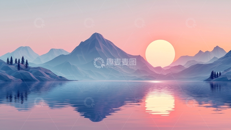 高清大图下载【趣麦麦图】极简风格山水日落