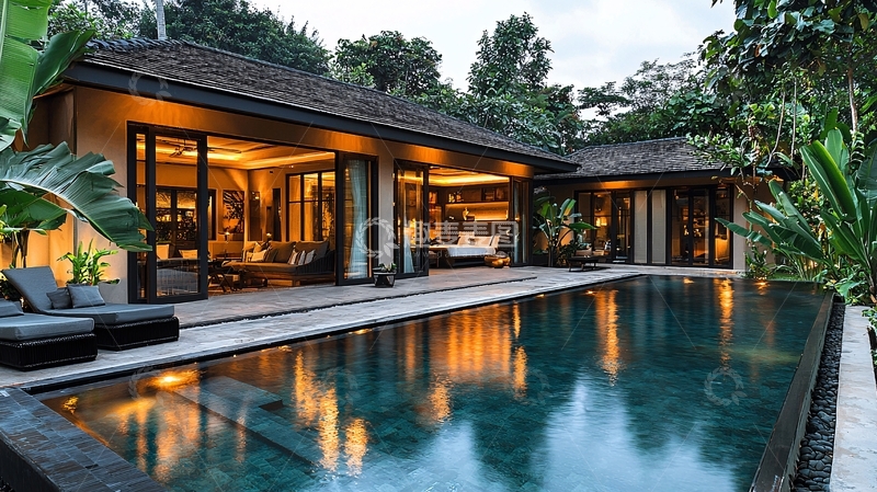 高清大图下载【趣麦麦图】私家泳池别墅夜景