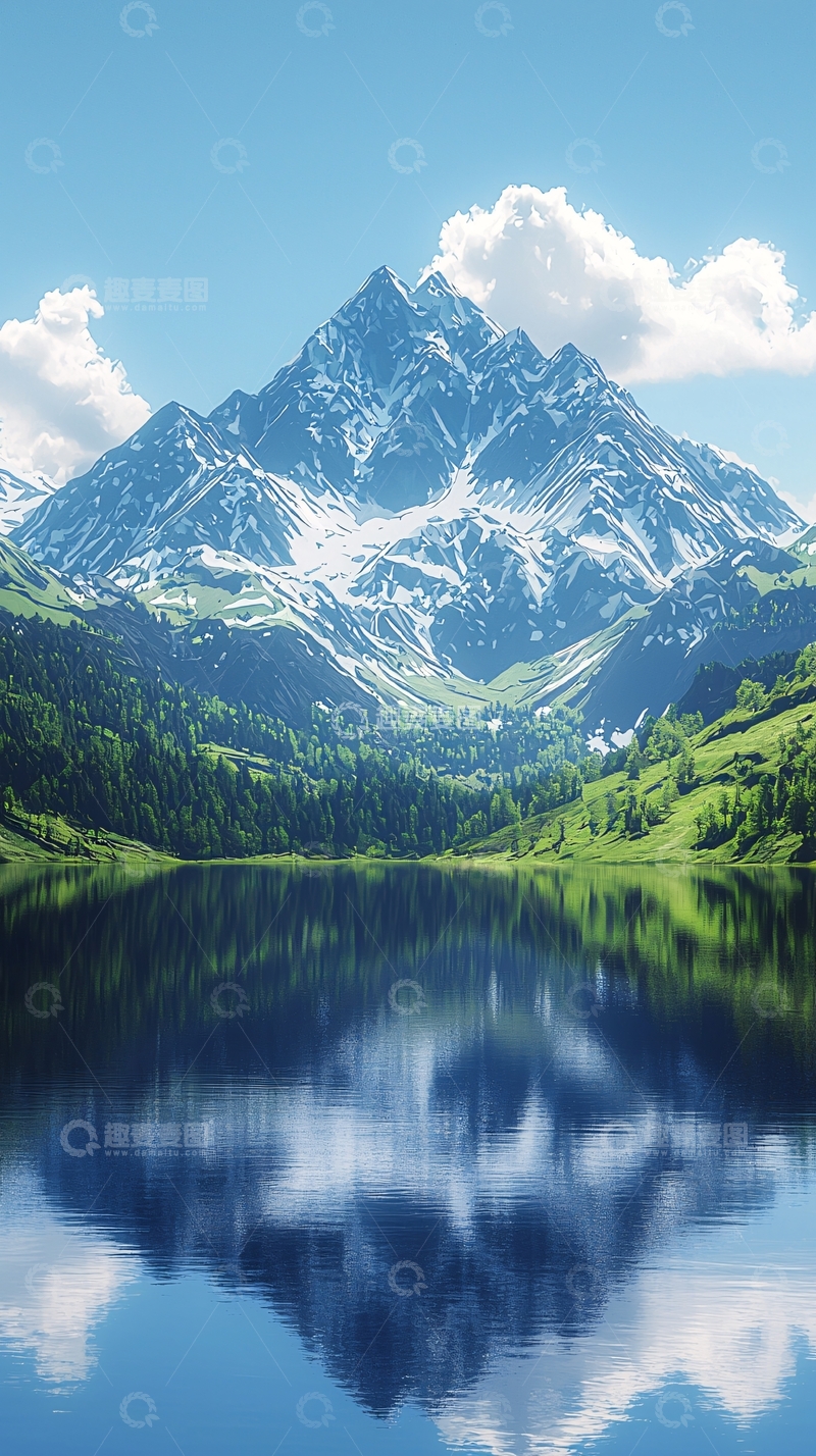 高清大图下载【趣麦麦图】雪山湖泊倒影