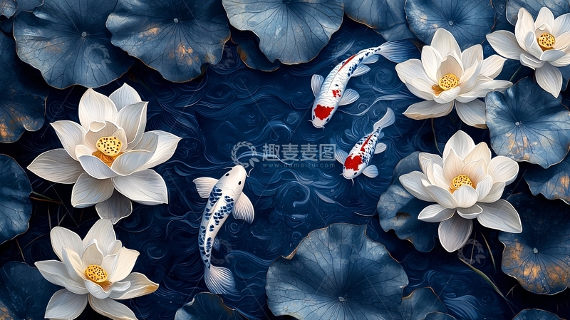 高清大图下载【趣麦麦图】蓝调荷花鲤鱼图