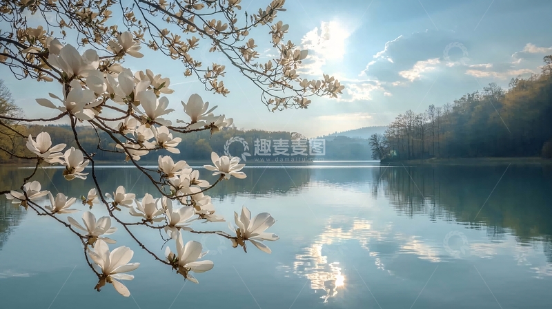 春意盎然湖边玉兰花